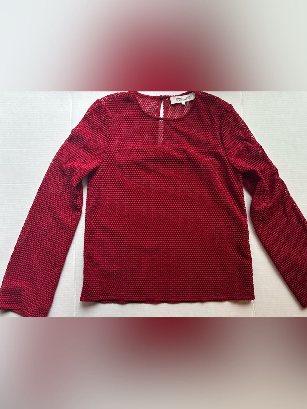 Diane Von Furstenberg Deep Red Textured Long-Sleeve sheer sleeves top DVF knit